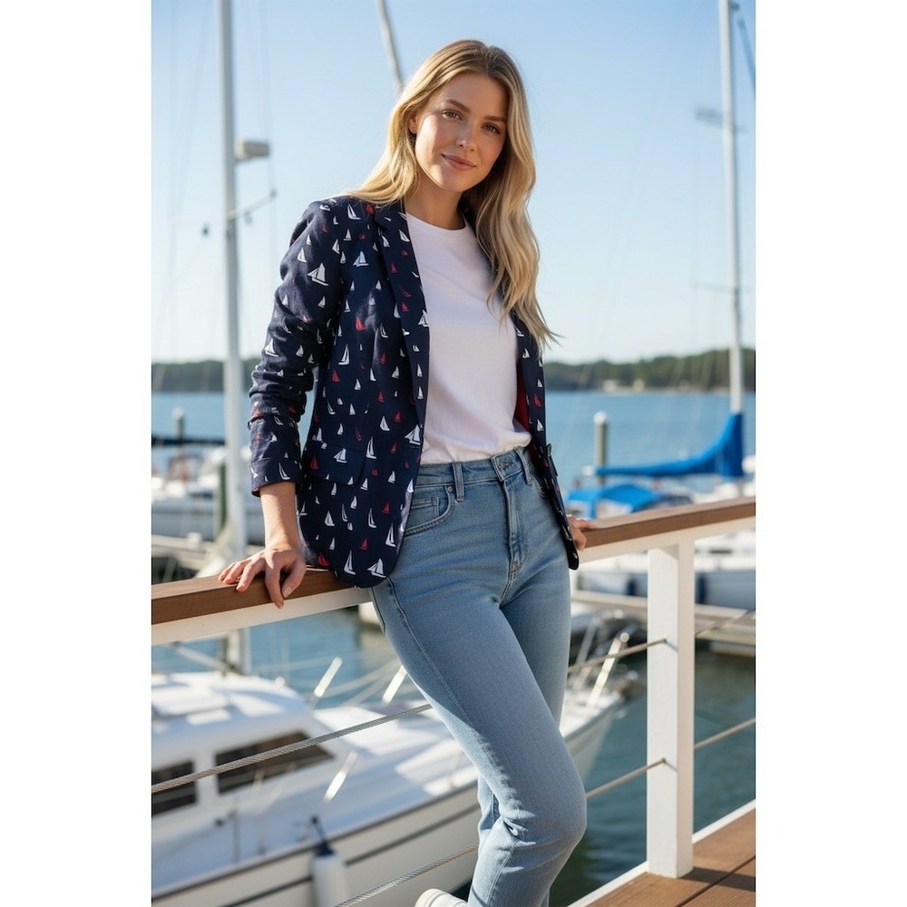 Banana Republic Blazer Jacket Womens Size 8 Navy Sailboat Print Lined nautical